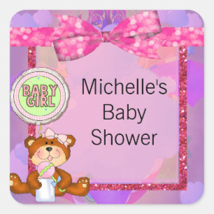 Teddy-Bärn-Mädchen-Glitzer-Schein-Baby-Dusche Quadratischer Aufkleber