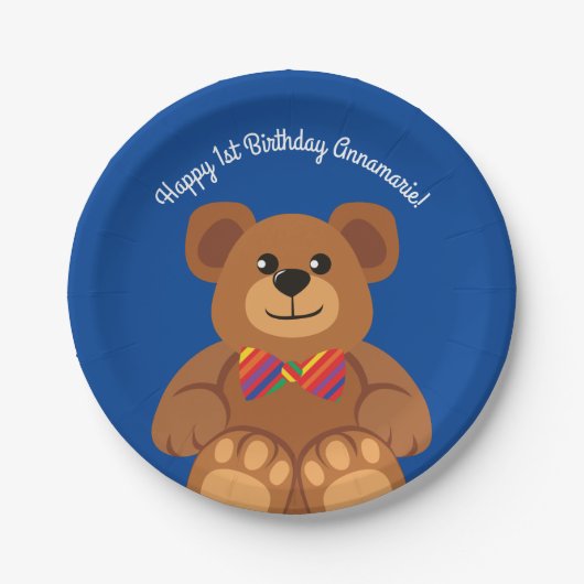 Teddy-Bärn-Regenbogen-niedliches 1. Pappteller (Vorderseite)