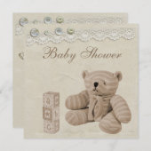 Teddy-Bärn-Vintage Spitze-neutrale Baby-Dusche Einladung (Vorne/Hinten)
