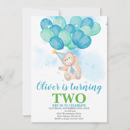 Teddy Bars laden ein, Wasserfarben Balloons zum Ge Einladung (Vorderseite)