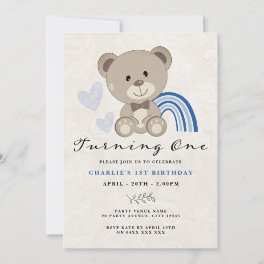 Teddy Bear 1. Geburtstag Blau Einladung (Vorderseite)
