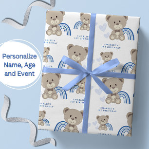 Teddy Bear 1. Geburtstag Blau Geschenkpapier
