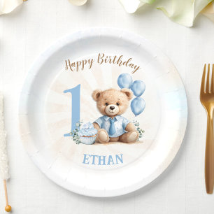 Teddy Bear 1. Geburtstag Blue Balloons Paper Telle Pappteller