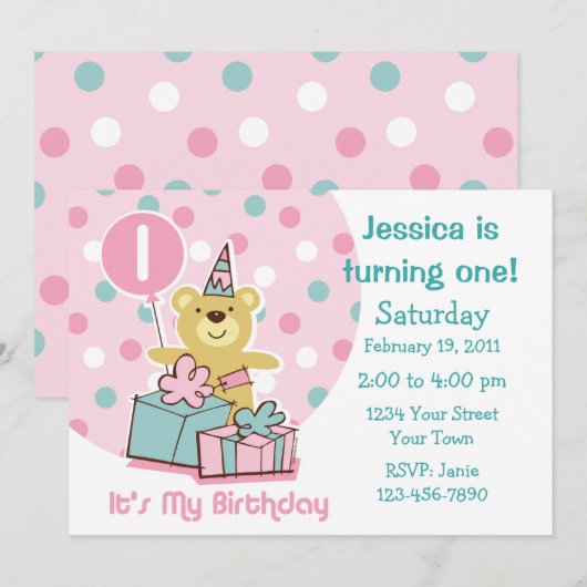 Teddy Bear 1. Geburtstag Einladung (Vorne/Hinten)