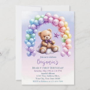 Teddy Bear 1. Geburtstag farbenfrohe Balloons Einladung