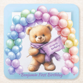 Teddy Bear 1. Geburtstag farbenfrohe Balloons Rechteckiger Pappuntersetzer