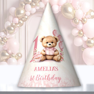 Teddy Bear 1. Geburtstag Pink Balloons Papier Partyhütchen