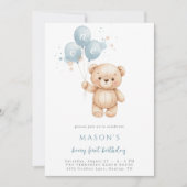 Teddy Bear 1st Birthday Blue Watercolor Einladung (Vorderseite)