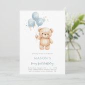 Teddy Bear 1st Birthday Blue Watercolor Einladung (Stehend Vorderseite)