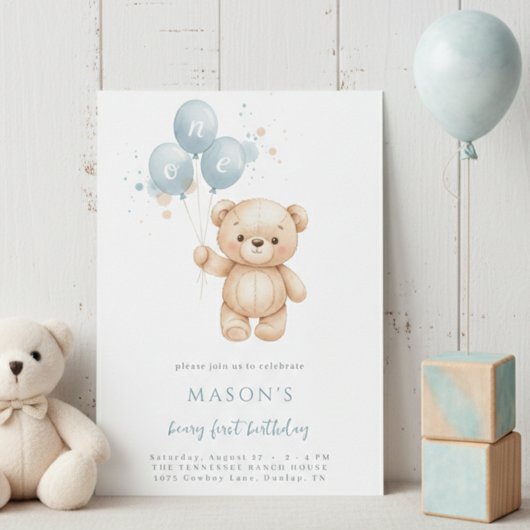 Teddy Bear 1st Birthday Blue Watercolor Einladung