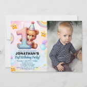 Teddy Bear 1st Birthday Photo Personalized Baby  Einladung (Vorderseite)