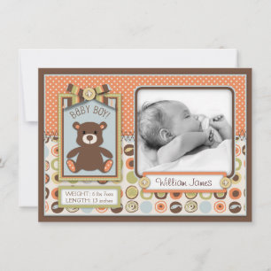 Teddy Bear 3D-Look Bow & Button Birth Ankündigung