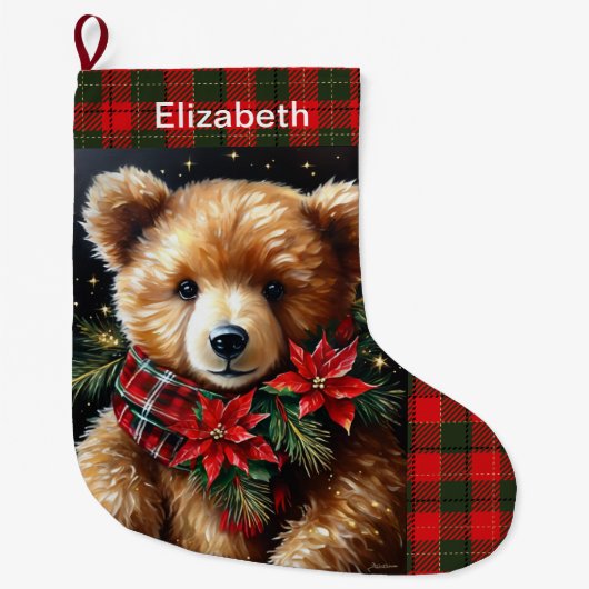 Teddy Bear Add Name Christmas Red Green Großer Weihnachtsstrumpf (Vorderseite)