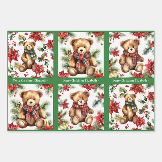 Teddy Bear Add Name Cute Christmas 3 Geschenkpapier Set (Vorderseite 2)