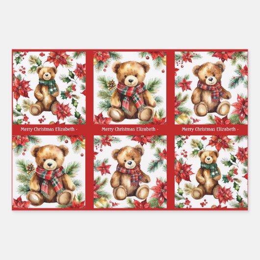 Teddy Bear Add Name Cute Christmas 3 Geschenkpapier Set (Vorderseite)