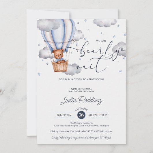 Teddy Bear Air Ballon Bearly Wait Baby Dusche Einladung (Vorderseite)