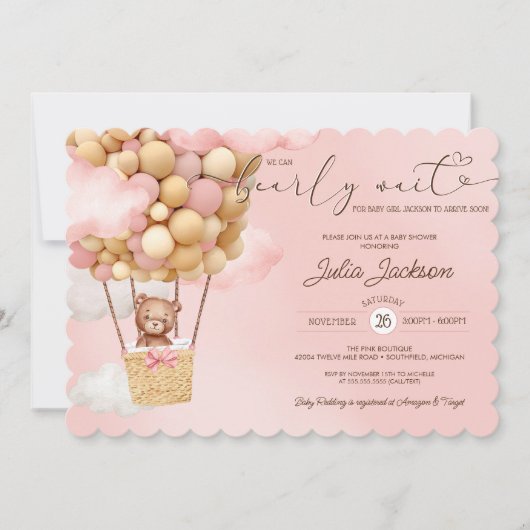 Teddy Bear Air Ballon Pink Cloud Girl Babydusche Einladung (Vorderseite)
