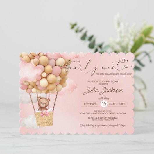 Teddy Bear Air Ballon Pink Cloud Girl Babydusche Einladung (Stehend Vorderseite)