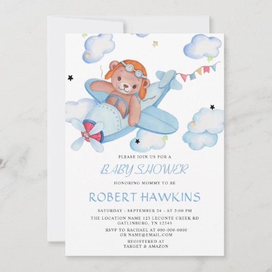 Teddy Bear Airplane Babydusche Einladung (Vorderseite)