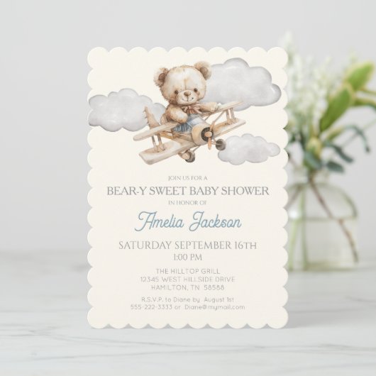 Teddy Bear Airplane Babydusche Einladung (Stehend Vorderseite)