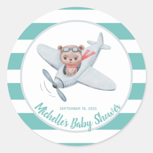 Teddy Bear Airplane Babydusche Geschlecht neutral Runder Aufkleber (Vorderseite)