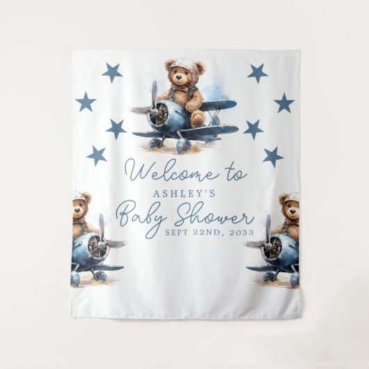 Teddy Bear Airplane Babydusche Hintergrund Wandteppich (Vorderseite)