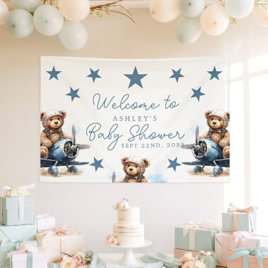 Teddy Bear Airplane Babydusche Willkommen Banner