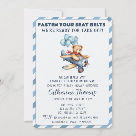 Teddy Bear Airplane Balloons Boy Baby Shooter Einladung (Vorderseite)