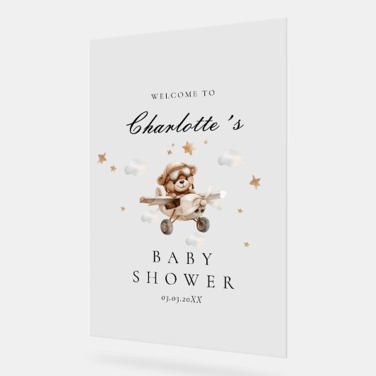 Teddy Bear & Airplane Begrüßungsdusche Acrylschild (Winkel)