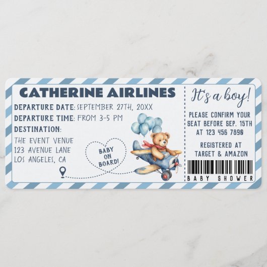 Teddy Bear Airplane Boarding Pass Boy Baby Dusche Einladung (Vorderseite)