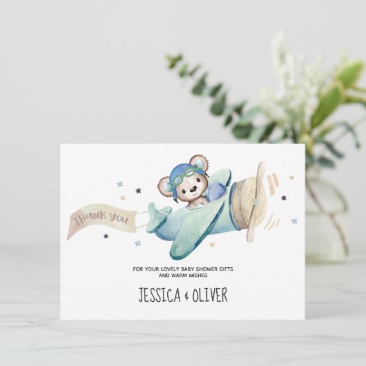 Teddy Bear Airplane Danke Karte (Stehend Vorderseite)