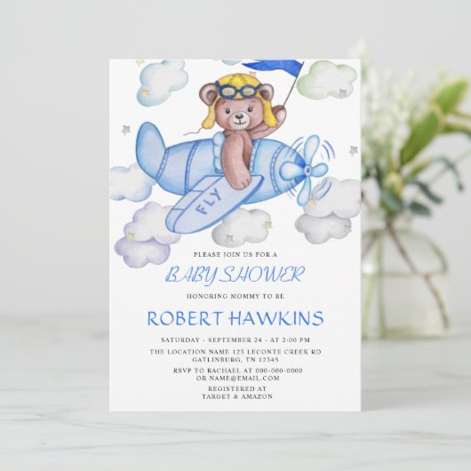 Teddy Bear Airplane EDITABLE Baby Dusche Einladung (Stehend Vorderseite)