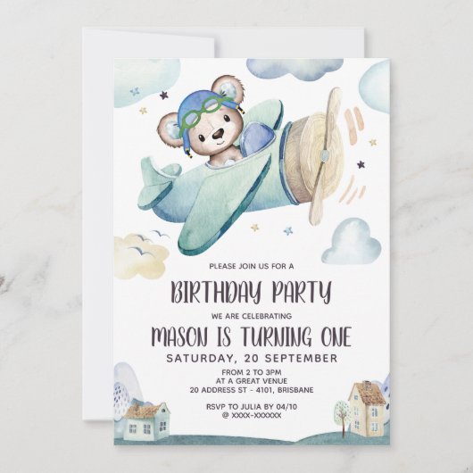 Teddy Bear Airplane Geburtstag Einladung (Vorderseite)