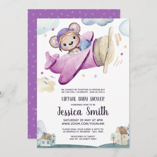 Teddy Bear Airplane | Virtual Baby-Dusche Einladung (Vorne/Hinten)