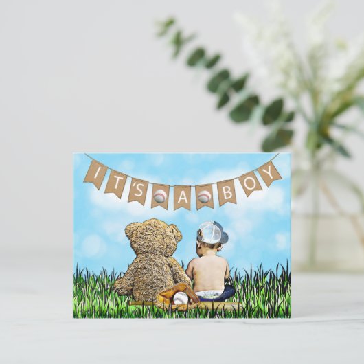 Teddy Bear and Baby Baseball Boy's Baby Shower Postkarte (Stehend Vorderseite)