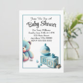 Teddy Bear and Baby Blocks Boy Baby Shooter Einladung (Stehend Vorderseite)