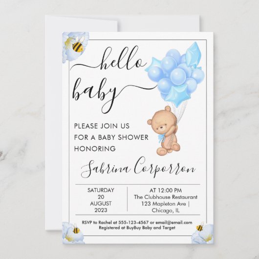 Teddy Bear and Balloons Boy Baby Dusche Einladung (Vorderseite)