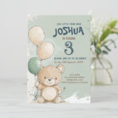 Teddy Bear and Balloons Green Kindergeburtstag Par Einladung (Stehend Vorderseite)
