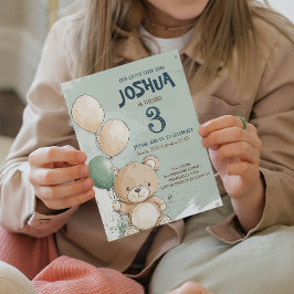 Teddy Bear and Balloons Green Kindergeburtstag Par Einladung
