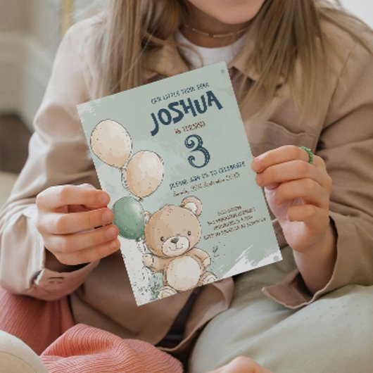 Teddy Bear and Balloons Green Kindergeburtstag Par Einladung