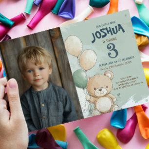 Teddy Bear and Balloons Green Kindergeburtstag Par Einladung