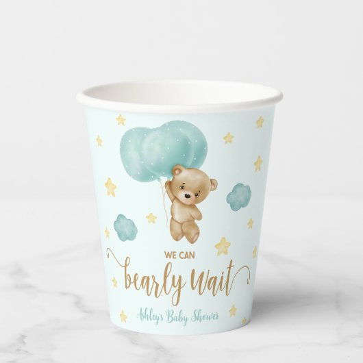 Teddy Bear and Blue Balloons Baby Dusche Pappbecher (Vorderseite)
