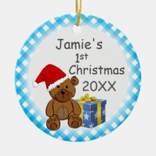 Teddy Bear and Blue Kariert Baby's 1. Christmas Keramik Ornament