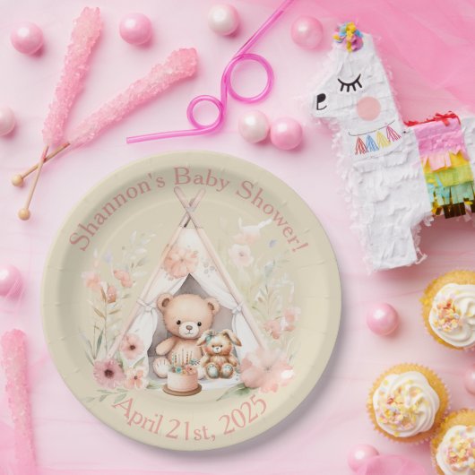 Teddy Bear and Bunny in Teepee Tent Baby Dusche Pappteller (Party)