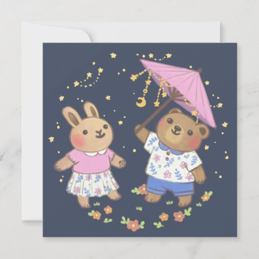 Teddy Bear and Bunny under the Stars Illustration Einladung (Vorderseite)