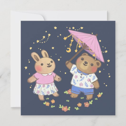 Teddy Bear and Bunny under the Stars Illustration Karte (Vorderseite)
