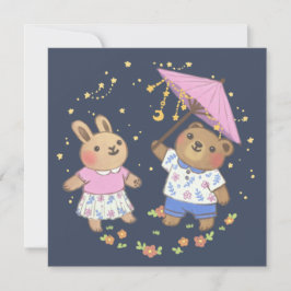Teddy Bear and Bunny under the Stars Illustration Karte