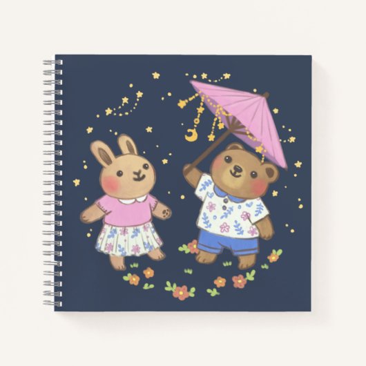 Teddy Bear and Bunny under the Stars Illustration Notizblock (Vorderseite)