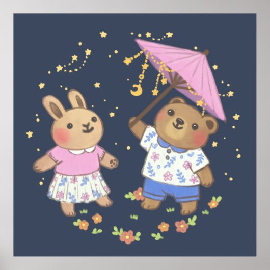 Teddy Bear and Bunny under the Stars Illustration Poster (Vorne)