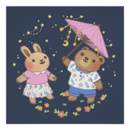 Teddy Bear and Bunny under the Stars Illustration Poster